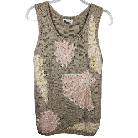 Vintage Tan Sweater Medium Shell Knit Print Christina Tan Woven Vest Chunky - Picture 1 of 5